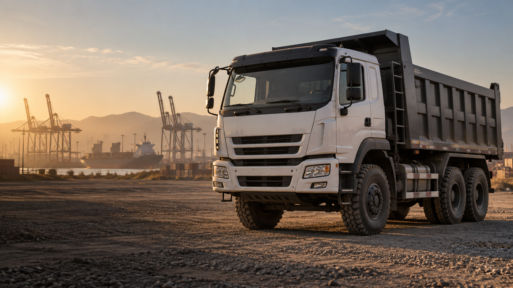 Illustrative refurbished dump truck in an industrial export yard
