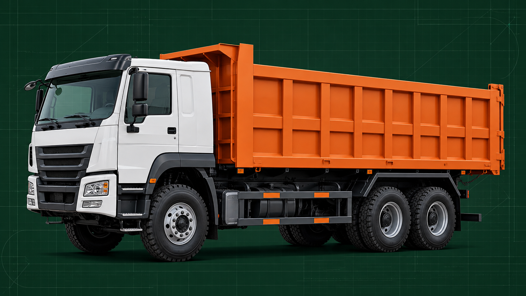 Illustrative refurbished dump truck with a rectangular cargo box
